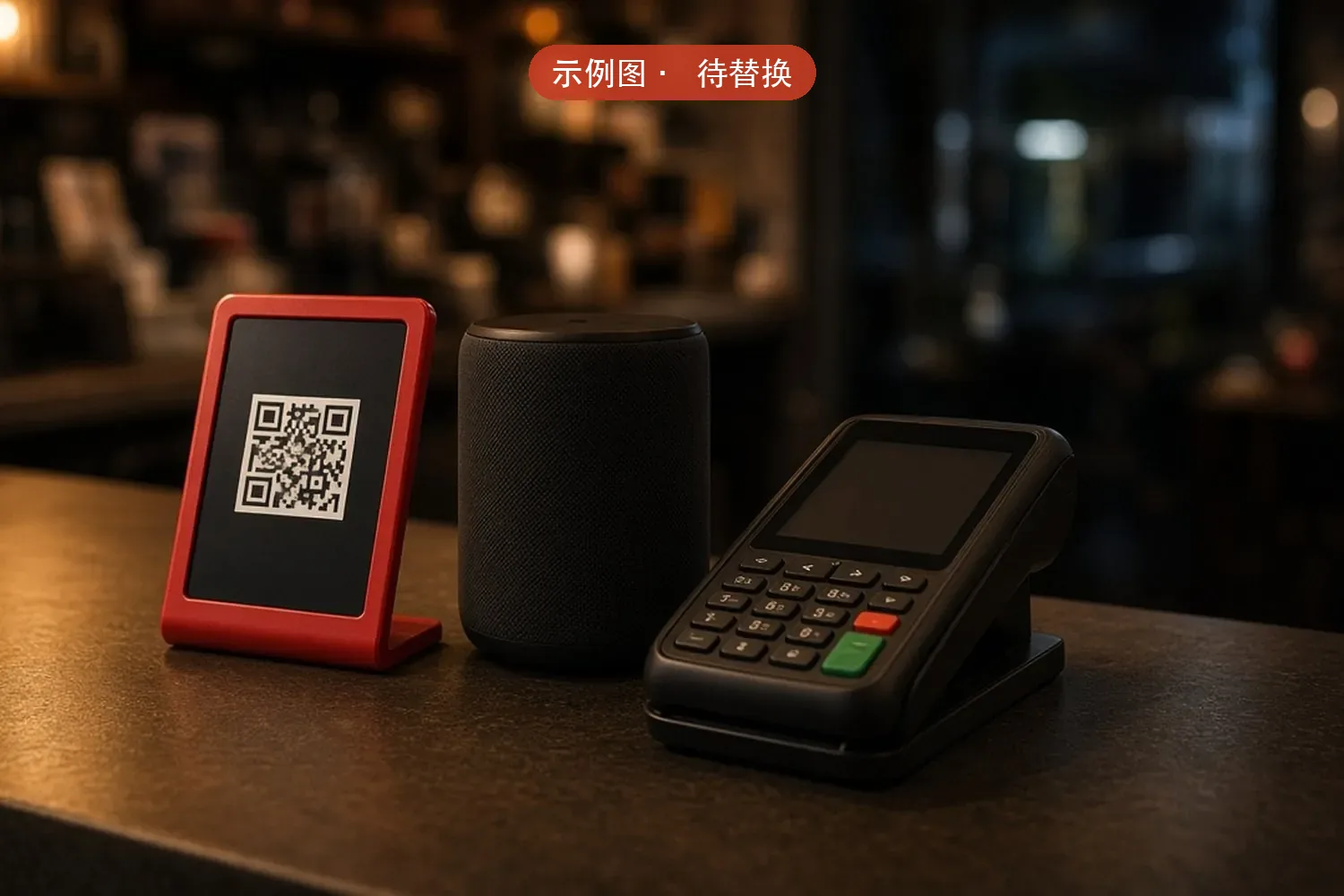门店收银台上的智能 POS、收款码牌与云音箱